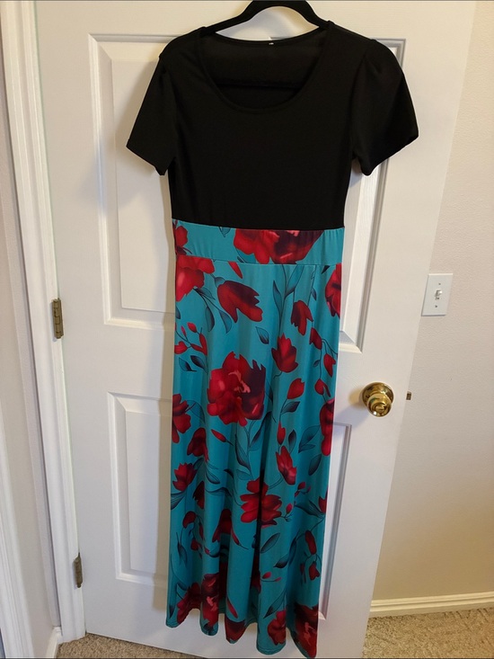 Dresses & Skirts - Black & Teal Floral Maxi Dress with Red Bloom Print